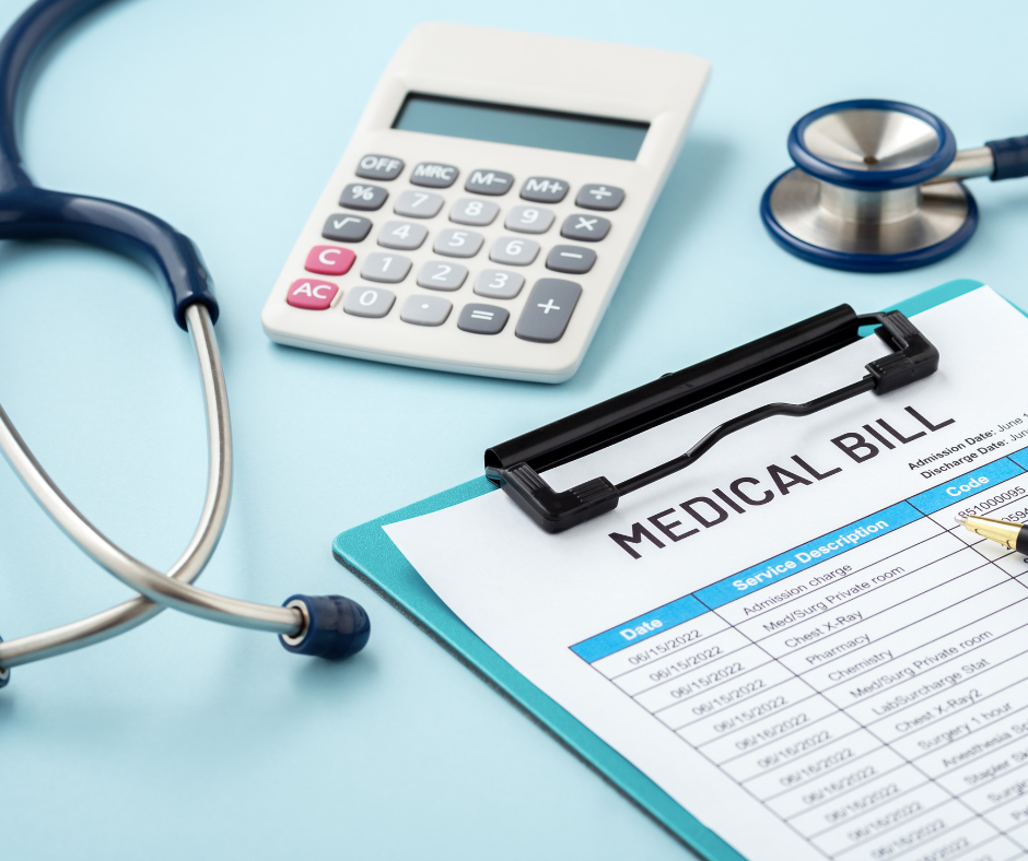 Blue clipboard that has a paper list with Medical Bill printed on it. A stethoscope and calculator are next to it.