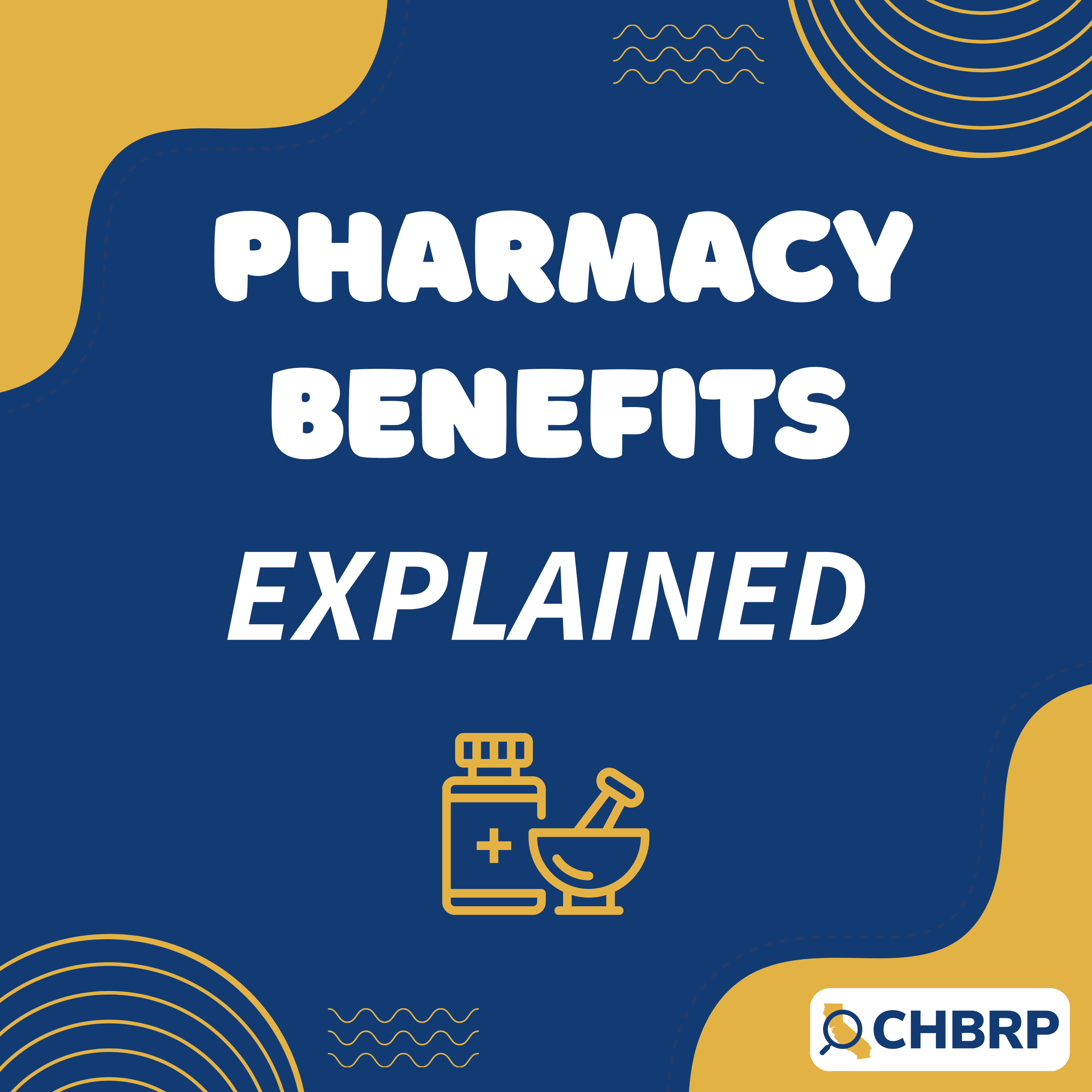 A dark blue background with abstract gold shapes and an icon of pharmacy-related items.