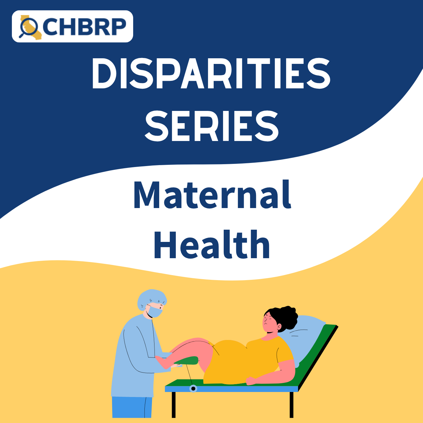 A blue, white, and yellow wavy background title slide on maternal health and disparities. The lower part of the graphic has an image of a person in all scrubs assisting a person laying on a tabe in giving birth.