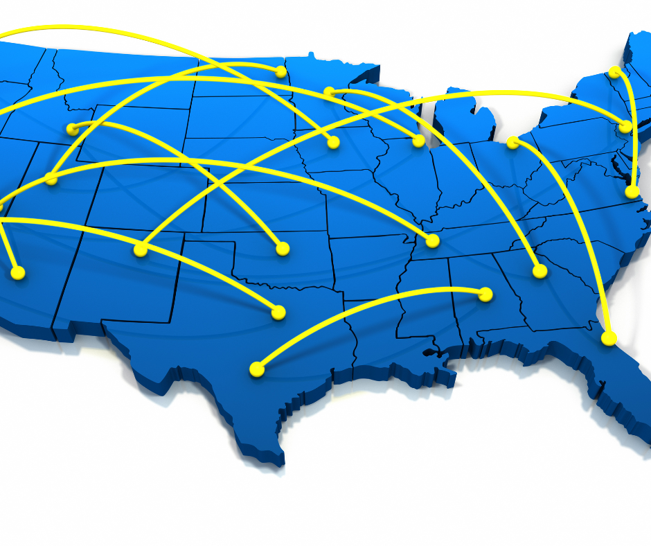 3D render of the United States with yellow lines connecting various states to each other.
