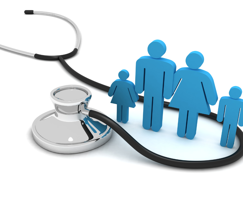 A cartoon depiction of a nuclear family next to each other surrounded by a stethoscope.
