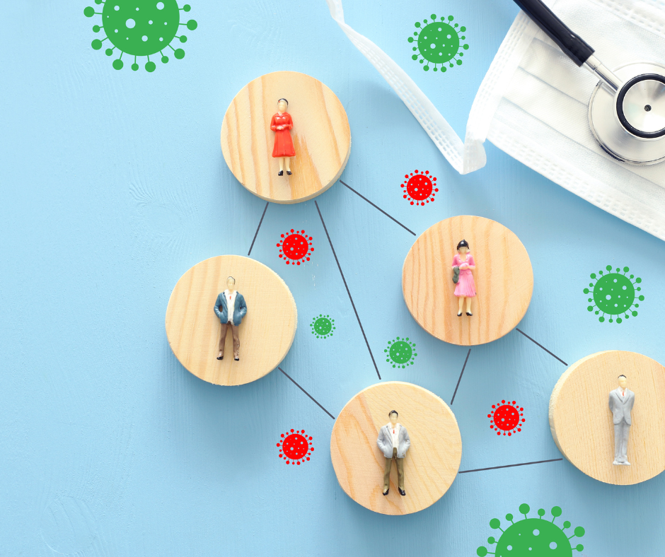 Small figures on wood cylinders lie in a network connected by black lines. Red and green viruses law between the netowrk.