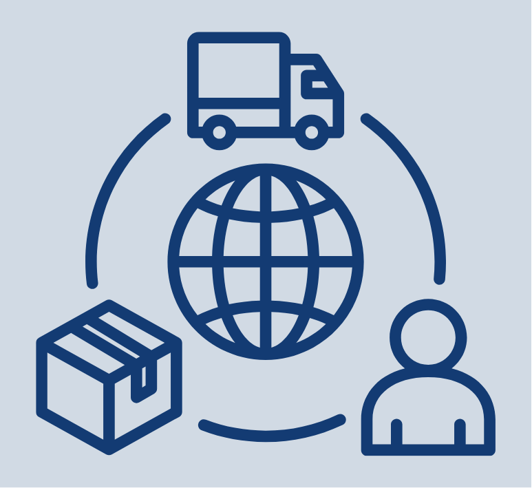 A graphic of a supply chain showing a truck, a package, and a person, rotating around a globe
