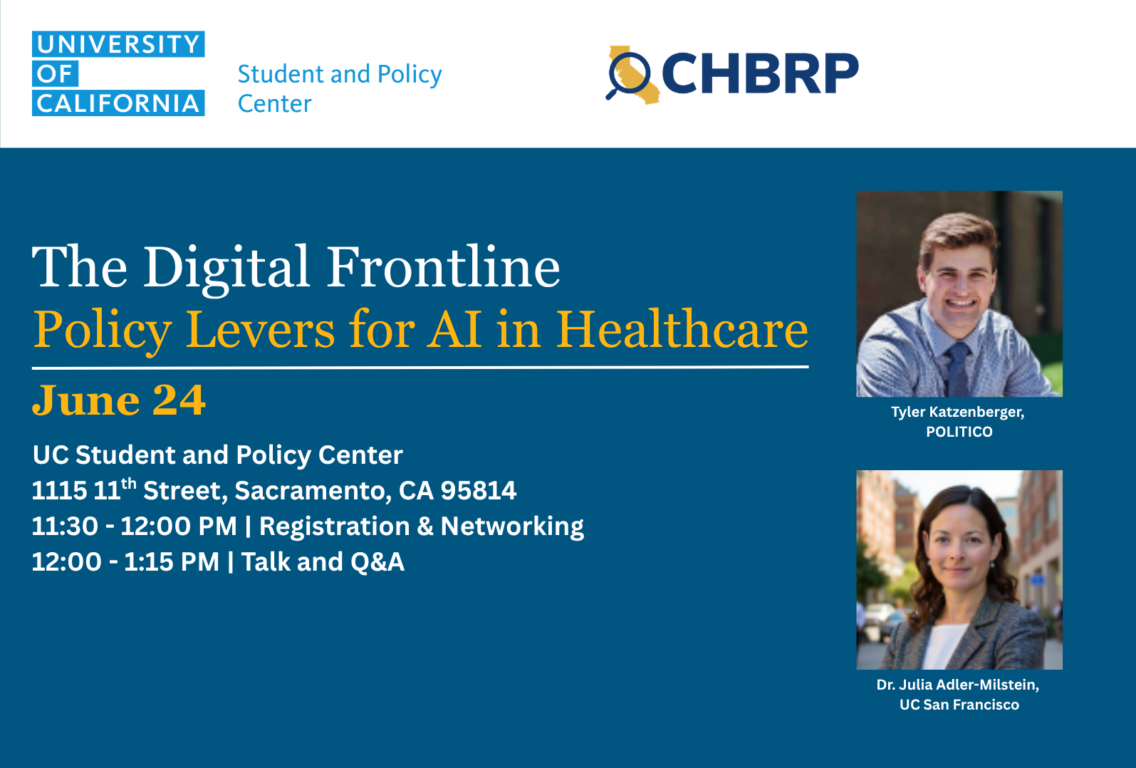 A flyer showing a seminar on AI and healthcare happening on June 24 in Sacramento