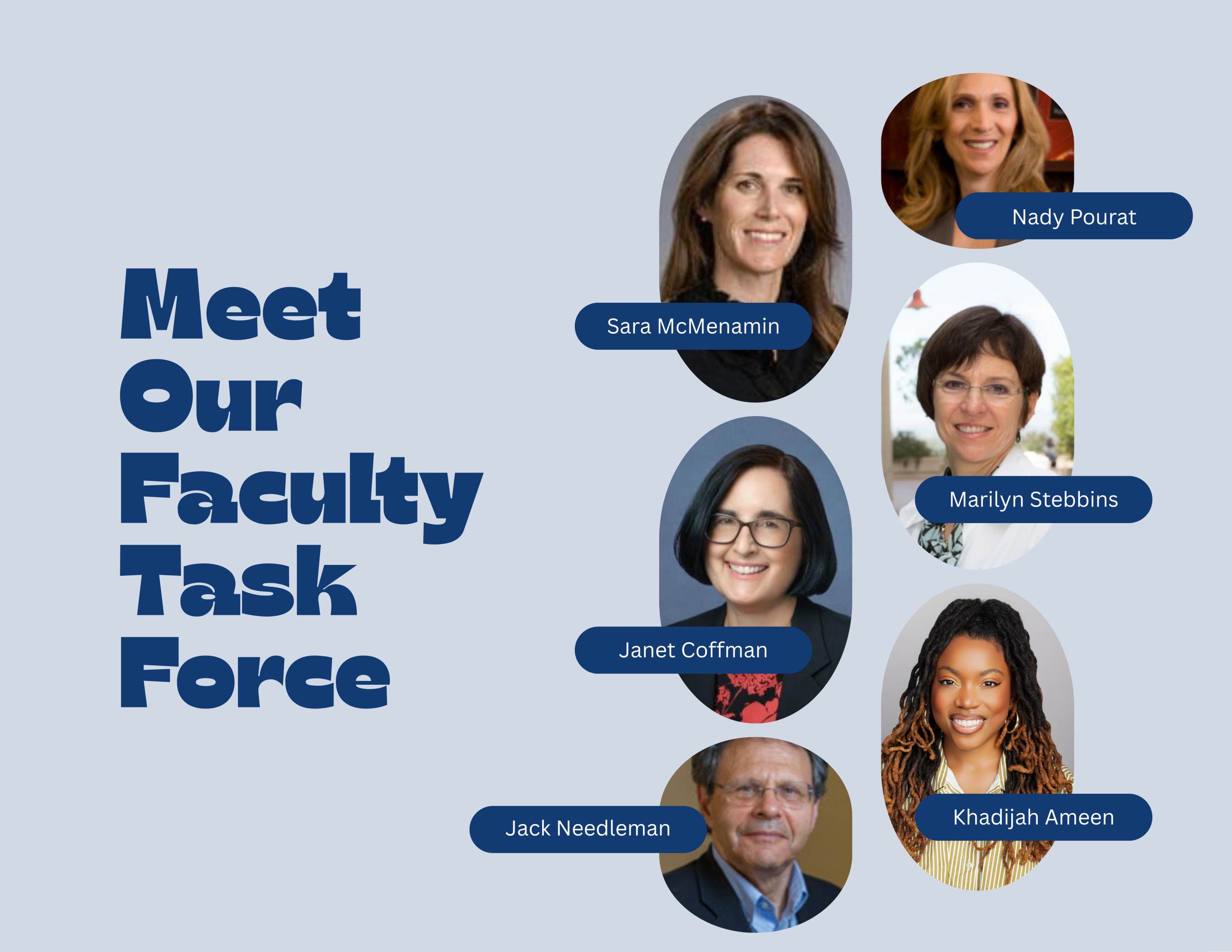 A grey background with two columns of task of smiling adults on the right side of the image. The left side asks the reader to meet the faculty task force.