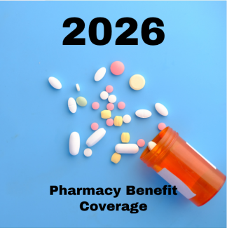 2026 pharmacy benefit coverage with a prescription bill bottle with various pills spilling out.