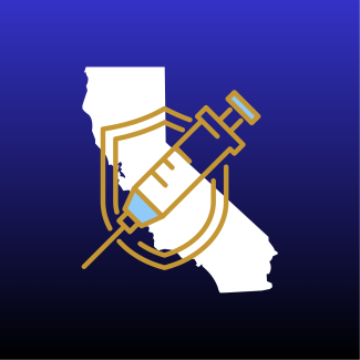 A white silhouette of California with a graphic of a shield and a syringe on a gradient blue and black background