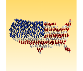 Red, white, and blue figurines positioned into the formation of a map of the United States on a yellow gradient background