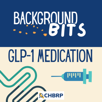 Background Bits thumbnail with cookie bits and states GLP-1 Medication with a stylized needle point at stylized intestines.