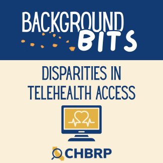 A blue banner with the words "background bits." a cream colored main page with "disparities in telehealth access" with a computer monitor with a heartbeat.