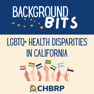 Dark blue banner with the words "background bits" written as the title. A cream background in the bottom part of the image with multiple hands of different skin tones holding various pride flags. The CHBRP logo is on the bottom.